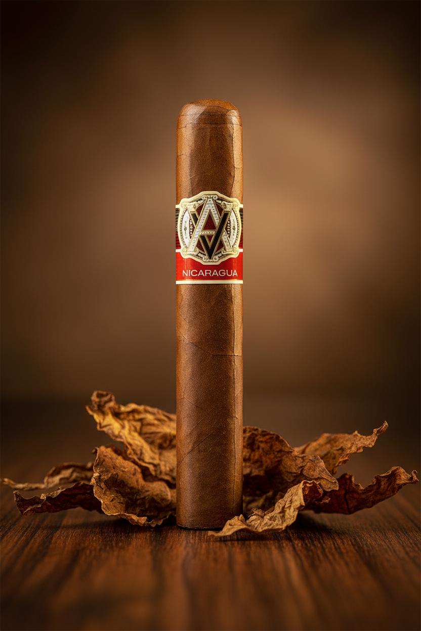Cigar with Wooden Background and Tobacco Leaves