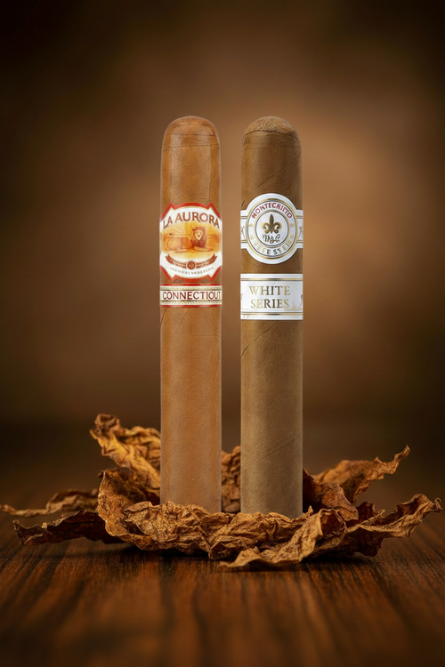 La Aurora Connecticut & Montecristo White Series - Tobacco Leaf Background